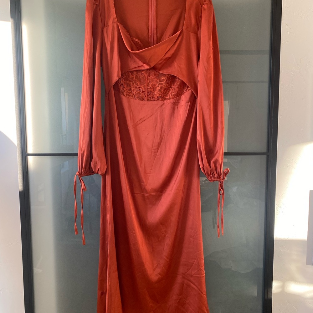 Cider satin twist front lace keyhole tie bow sleeve dress